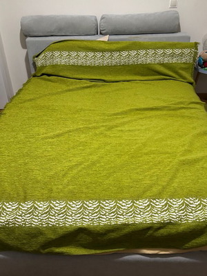 Double bed with 160cm mattress used, grey fabric, 2 decorative pillows