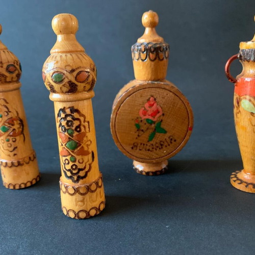 Vintage wooden perfume bottles used, set of 4, handmade