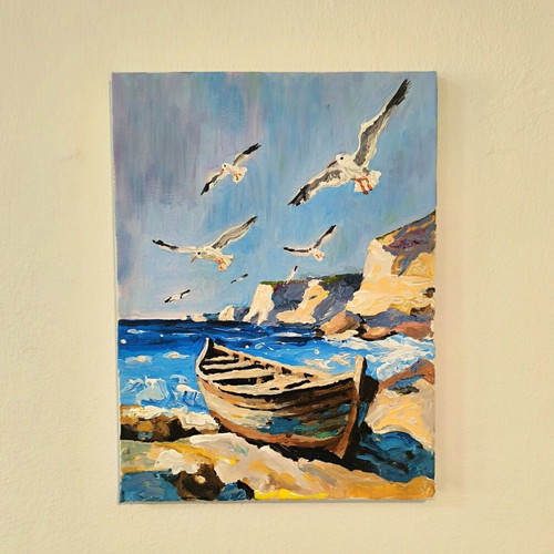 Impressionist painting Seascape with seagulls 40x30 cm new
