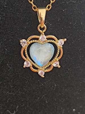 Steel Necklace Heart with Blue Opal and Zircon, new, gold tone