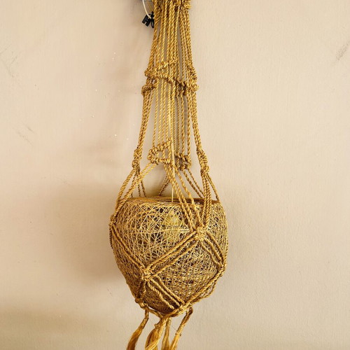 Vintage φωτιστικό οροφής Μακραμέ 122cm σαν καινούργιο, ώχρα μουσταρδί