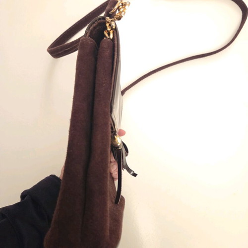 Structured Suede and Patent Leather Tassel Crossbody Bag used, burgundy