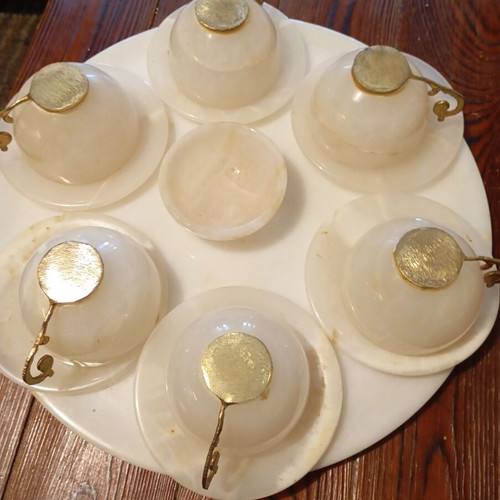 Vintage tea and coffee set used, alabaster and brass