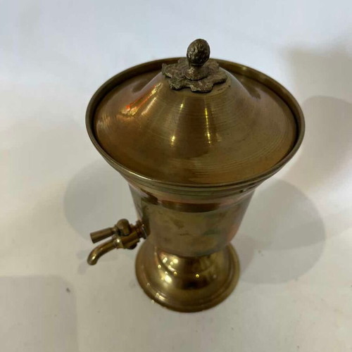 Vintage brass amphora with tap and lid, rustic decoration