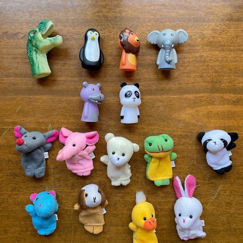 Finger puppets used, pack of 15, fabric and plastic