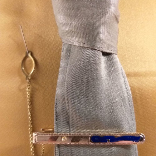 Tie clip new with chain and blue enamel