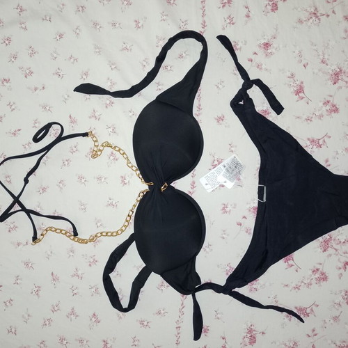 Bikini swimsuit with chain necklace and gift pouch new, black, size M