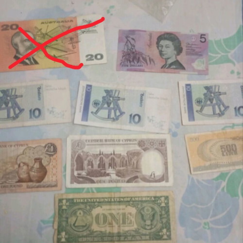 World banknotes used from Cyprus, Turkey, Italy, USA, Germany