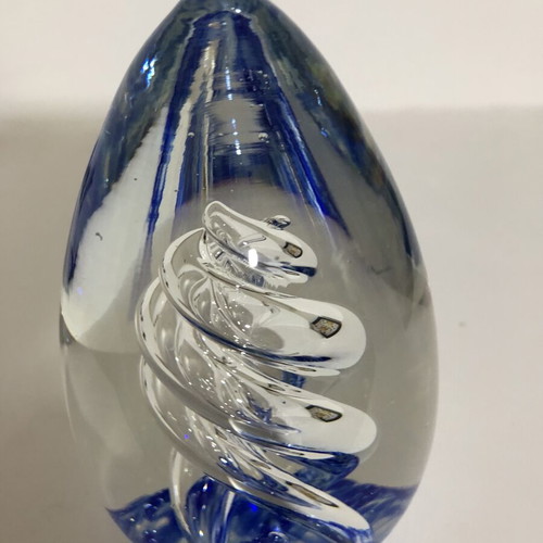 Hand Blown Art Glass Blue Spiraled Egg Paperweight, large