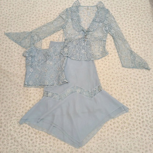 Charly blue set with lace and embroidered designs like new
