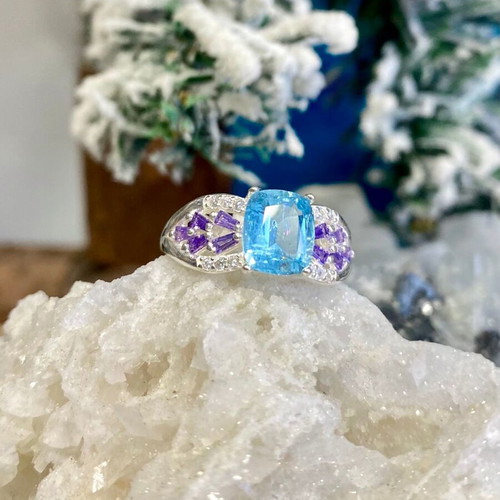Handmade silver ring with natural aquamarine, amethyst and moissanite