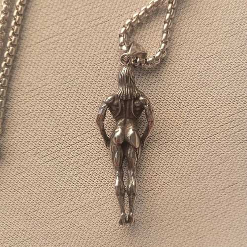 Necklace with female bodybuilder pendant new, stainless steel, silver