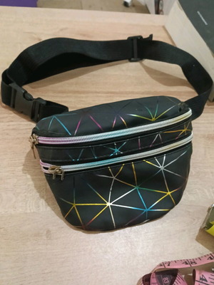 Waist bag used, black with colorful patterns