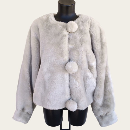 Faux fur jacket with pompons used, size L/XL, beige