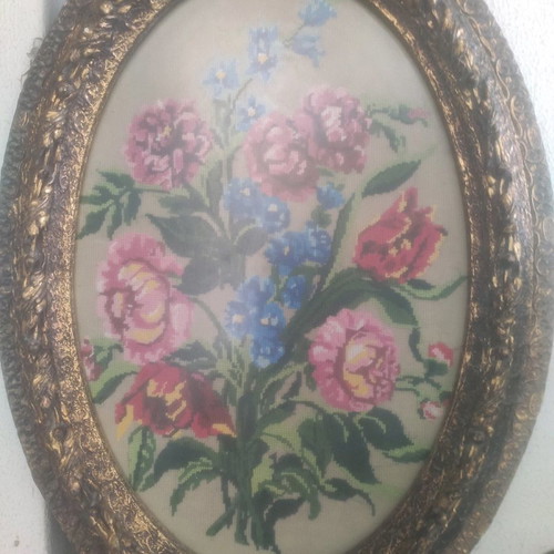 Oval embroidered painting used with rare heavy carved frame