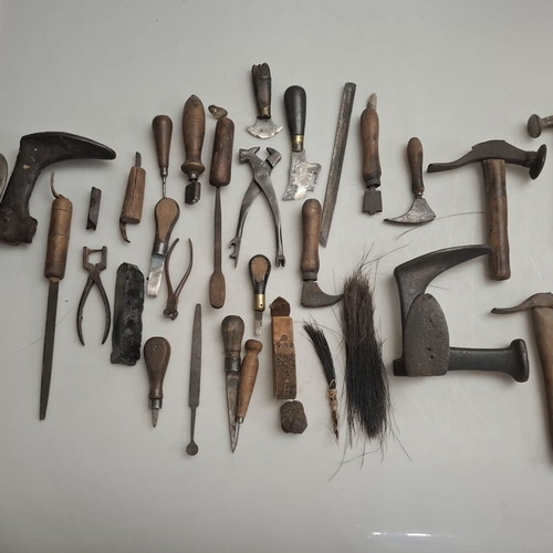 Old wooden cobbler bench with 30 tools used, rare museum set