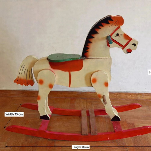Vintage Handmade Wooden Rocking Horse used, folk art 70s, red pedals
