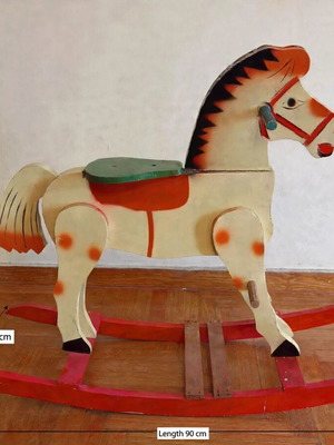 Vintage Handmade Wooden Rocking Horse used, folk art 70s, red pedals