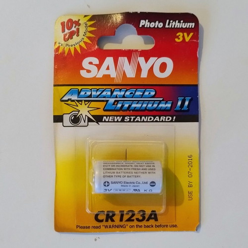 SANYO Advanced Lithium II CR123A 3V lithium battery, sealed, expired
