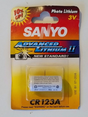 SANYO Advanced Lithium II CR123A 3V lithium battery, sealed, expired