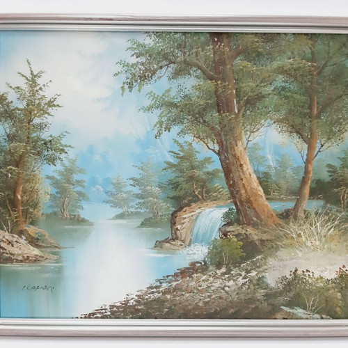 Original Oil Painting Abstract Landscape River in Forest Signed