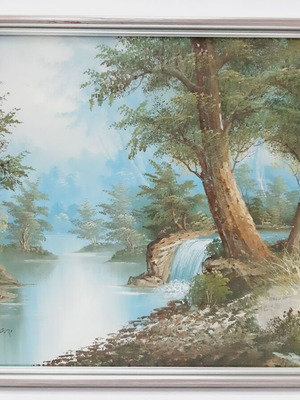 Original Oil Painting Abstract Landscape River in Forest Signed