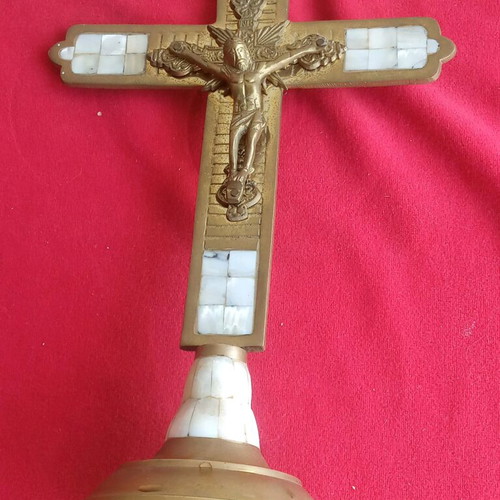 Brass tabletop cross like new with mother of pearl decorations