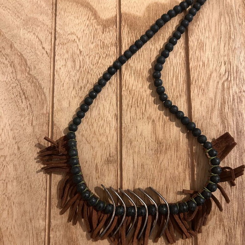 Necklace with Black Pearls and Ethnic Metal Elements like new