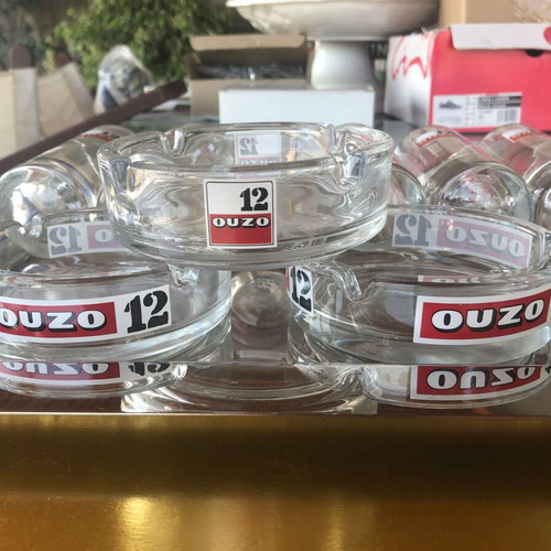 Ouzo 12 Glasses and 3 Ashtrays New in Box
