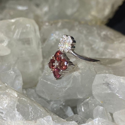 Silver ring with natural red garnet and moissanites, new