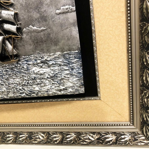 Embossed ship painting like new with carved frame 70x90cm
