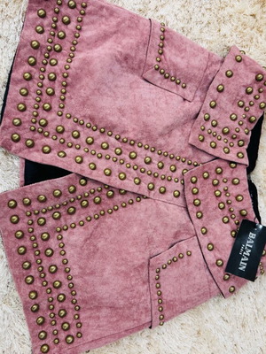 Balmain mini skirt pink velvet with gold studs new