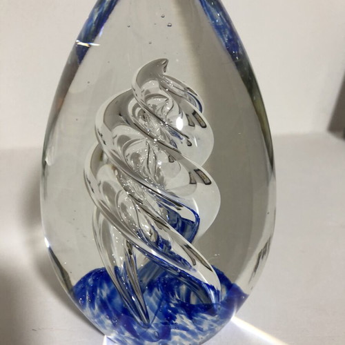 Hand Blown Art Glass Blue Spiraled Egg Paperweight, large