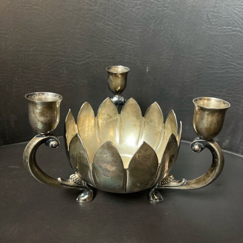 Leonard silver plate lotus flower 3-legged candlestick holder used