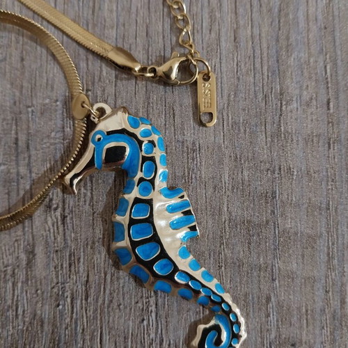 Summer necklace gold steel with embossed blue seahorse like new