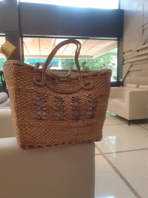 Vintage handmade straw beach bag, beige