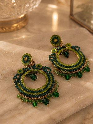 #OFFER Large Clip Earrings Green with Round Stones