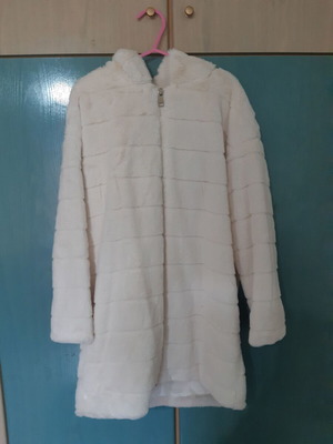 White Faux Fur Jacket like new with hood and silver zipper