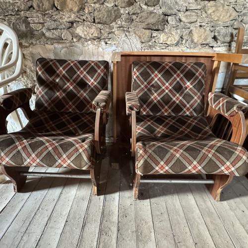 Vintage armchairs retro pair of 2 used with wooden frame and plaid upholstery