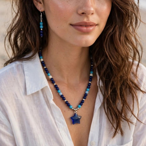 Handmade blue summer necklace and earrings set new