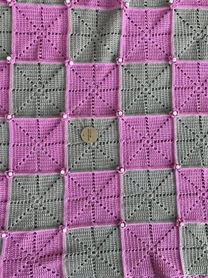 Baby blanket handmade, hypoallergenic cotton yarn with flowers and beads
