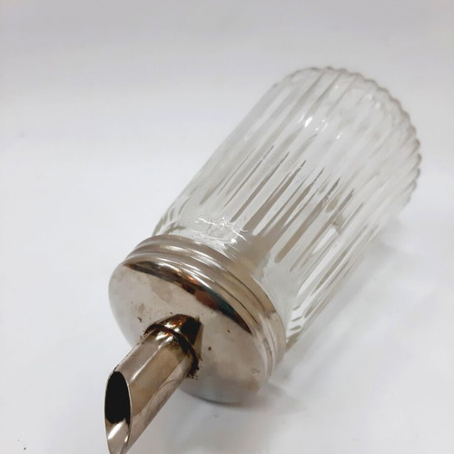 Vintage glass sugar pourer with metal dispenser and stainless lid, like new