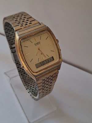 Casio Digital Analog Dual Japan watch used, beige and gold