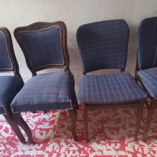 Set of 4 wooden dining chairs, carved and plain, new fabric