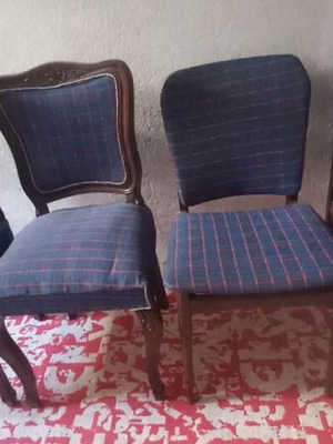 Set of 4 wooden dining chairs, carved and plain, new fabric