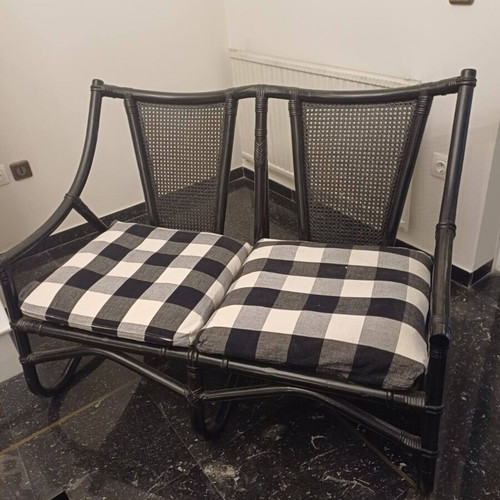 Black Rattan Two-Seater Sofa with Cushions