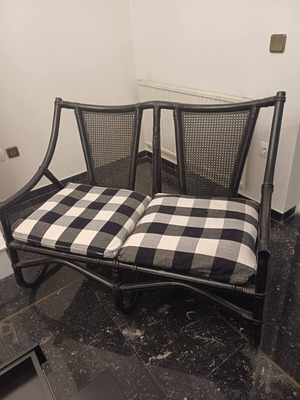 Black Rattan Two-Seater Sofa with Cushions