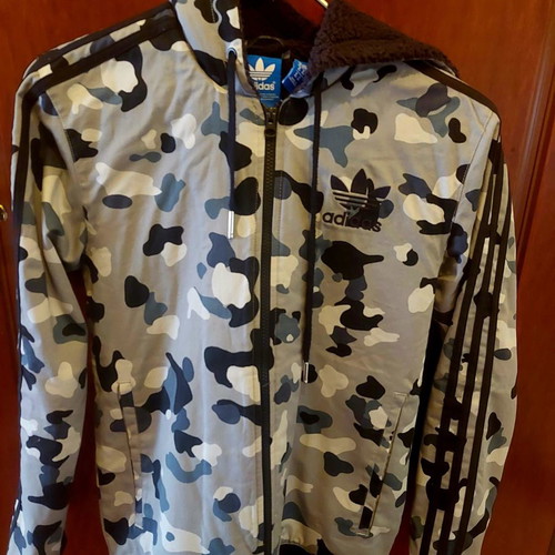 Adidas Original jacket used, black and white camo with hood and fleece lining