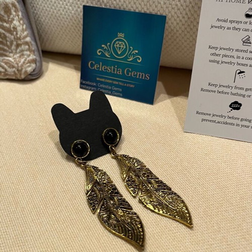 Celestia Gems Earrings Gold Leaves with Black Stone New