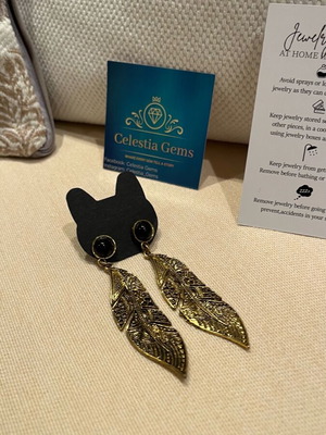Celestia Gems Earrings Gold Leaves with Black Stone New